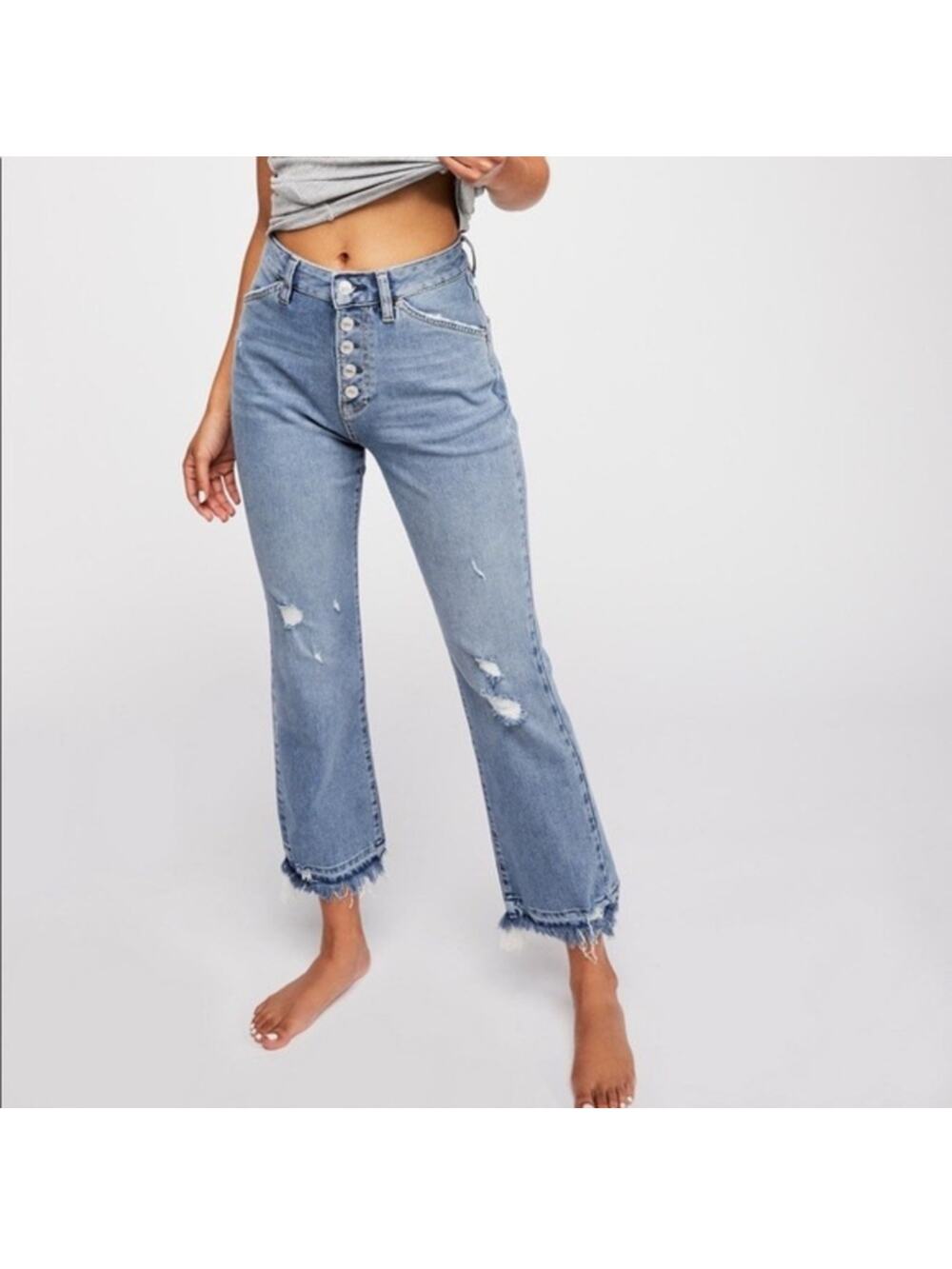 We the Free Jeans Womens 30 Blue Dylan Distressed Button Fly Boho Crop Raw Hem